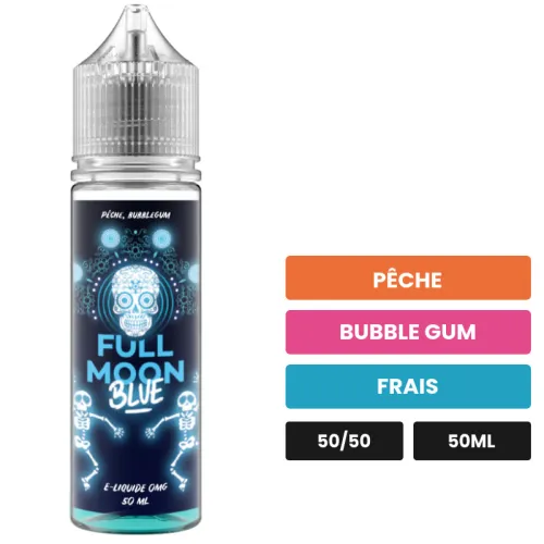 E-liquide Blue de Full Moon, 50 ml, saveurs pêche, bubble gum et frais, sans nicotine — prêt à booster de nicotine.