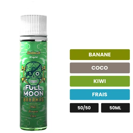 E-liquide Bahamas de Full Moon, 50 ml, saveurs banane, coco, kiwi et 1 autre, sans nicotine — prêt à booster de nicotine.
