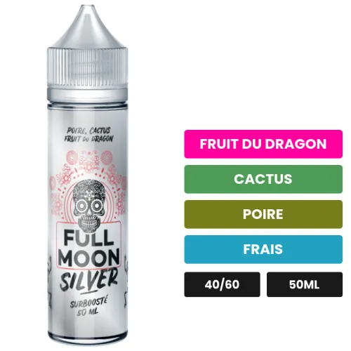 E-liquide Silver de Full Moon, 50 ml, saveurs fruit du dragon, cactus, poire et 1 autre, sans nicotine — prêt à booster de.