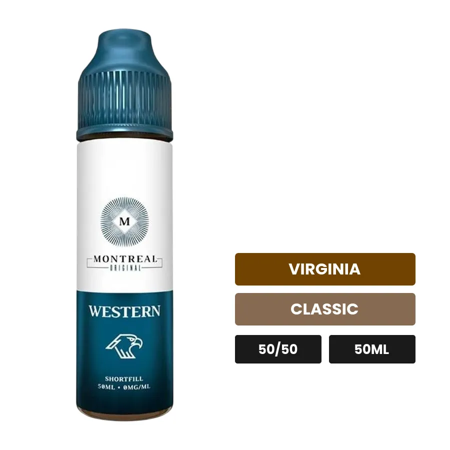 E-liquide Western de Montreal Original, 50 ml, saveurs virginia et classic, sans nicotine — prêt à booster de nicotine.