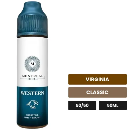 E-liquide Western de Montreal Original, 50 ml, saveurs virginia et classic, sans nicotine — prêt à booster de nicotine.