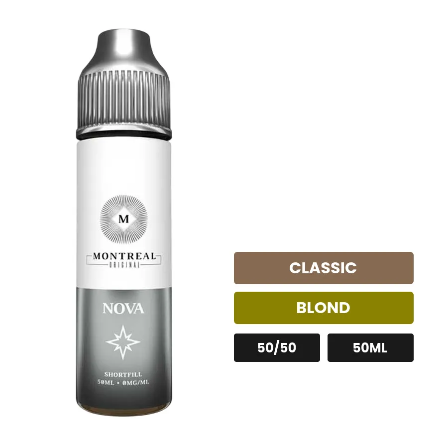 E-liquide Nova de Montreal Original, 50 ml, saveurs classic et blond, sans nicotine — prêt à booster de nicotine.