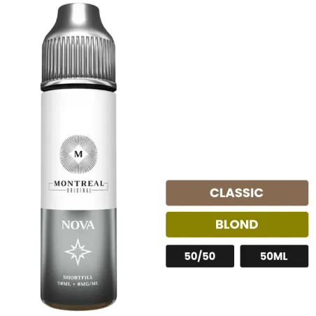 E-liquide Nova de Montreal Original, 50 ml, saveurs classic et blond, sans nicotine — prêt à booster de nicotine.