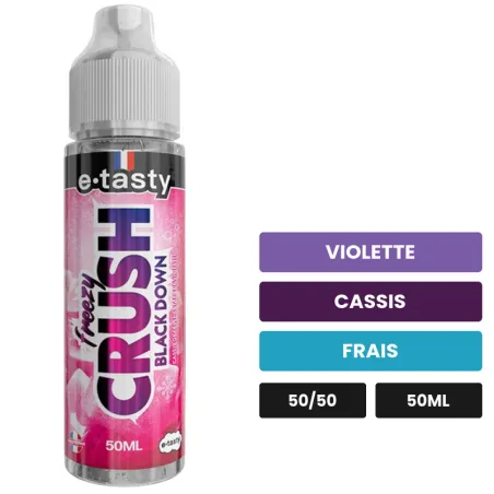 E-liquide Black Down d'E.Tasty, 50 ml, saveurs violette, cassis et frais, sans nicotine — prêt à booster de nicotine.