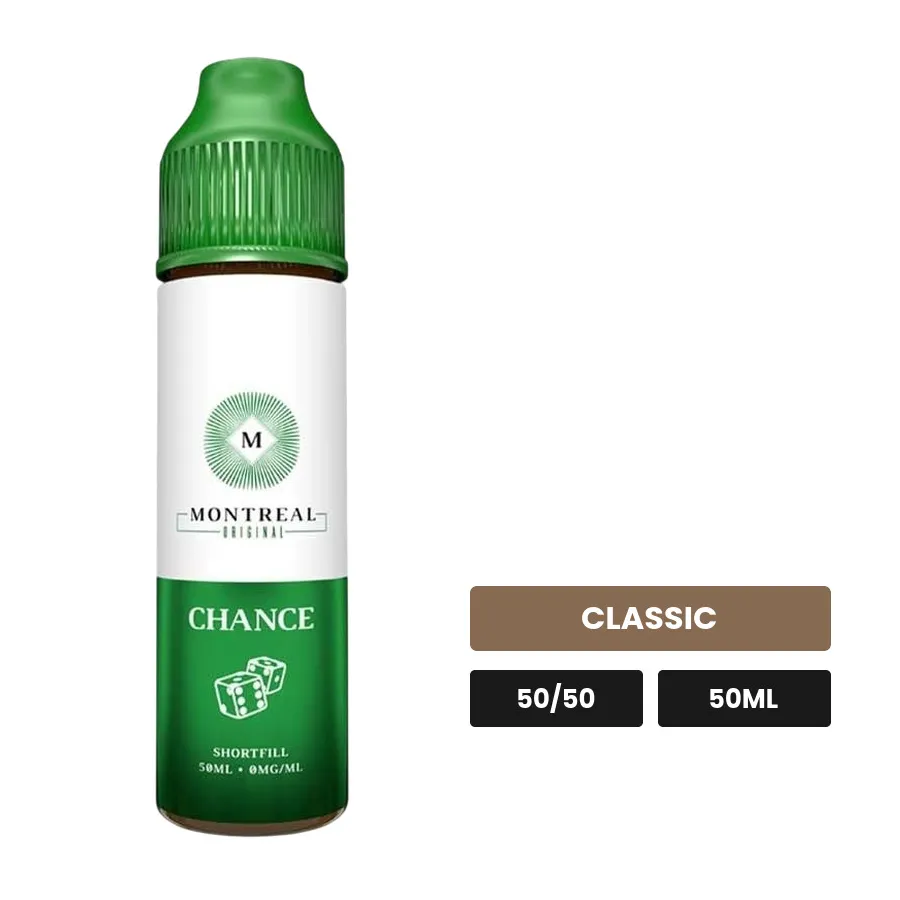 E-liquide Chance de Montreal Original, 50 ml, saveur classic, sans nicotine — prêt à booster de nicotine.