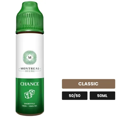 E-liquide Chance de Montreal Original, 50 ml, saveur classic, sans nicotine — prêt à booster de nicotine.