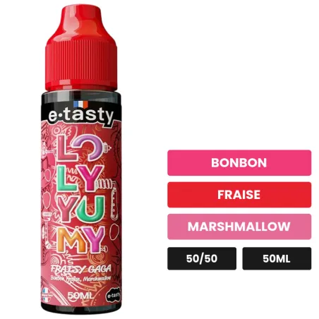 E-liquide Fraisy Gaga d'E.Tasty, 50 ml, saveurs bonbon, fraise et marshmallow, sans nicotine — prêt à booster de nicotine.