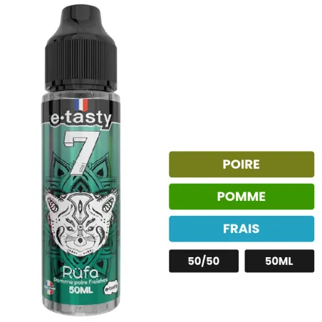 E-liquide Rufa d'E.Tasty, 50 ml, saveurs poire, pomme et frais, sans nicotine — prêt à booster de nicotine.