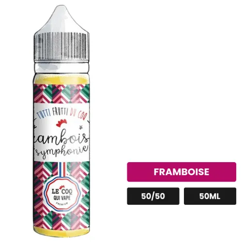 E-liquide Framboise Symphonie de Le Coq Qui Vape, 50 ml, saveur framboise, sans nicotine — prêt à booster de nicotine.