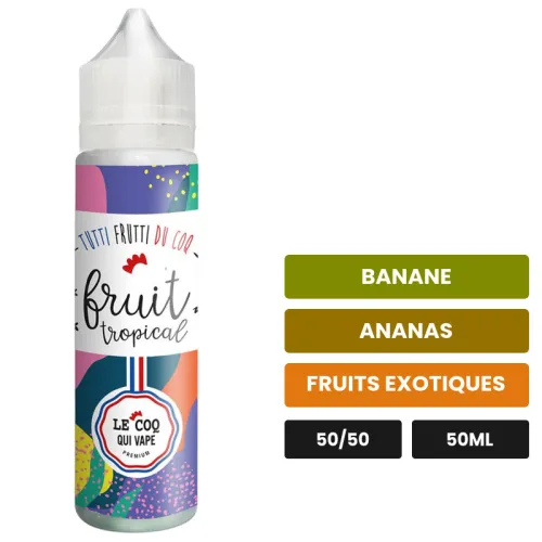 E-liquide Fruit Tropical de Le Coq Qui Vape, 50 ml, saveurs banane, ananas et fruits exotiques, sans nicotine — prêt à.