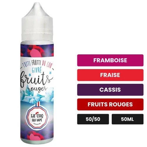 E-liquide Fruits Rouges Givre de Le Coq Qui Vape, 50 ml, saveurs framboise, fraise, cassis et 2 autres, sans nicotine — prêt.