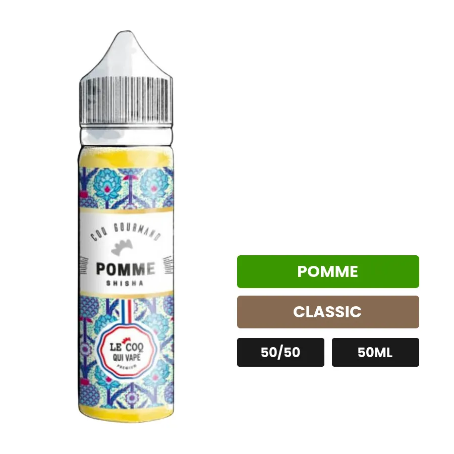 E-liquide Pomme Shisha de Le Coq Qui Vape, 50 ml, saveurs pomme et classic, sans nicotine — prêt à booster de nicotine.