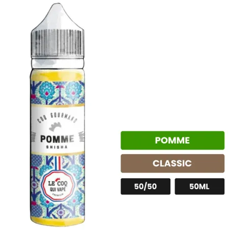 E-liquide Pomme Shisha de Le Coq Qui Vape, 50 ml, saveurs pomme et classic, sans nicotine — prêt à booster de nicotine.