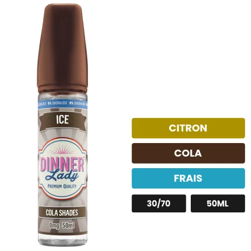 E-liquide Cola Shades de Dinner Lady, 50 ml, saveurs citron, cola et frais, sans nicotine — prêt à booster de nicotine.