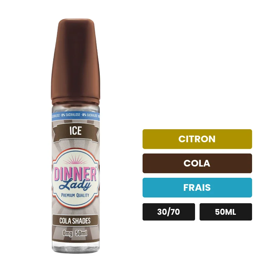 E-liquide Cola Shades de Dinner Lady, 50 ml, saveurs citron, cola et frais, sans nicotine — prêt à booster de nicotine.