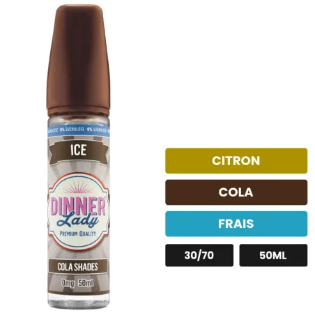 E-liquide Cola Shades de Dinner Lady, 50 ml, saveurs citron, cola et frais, sans nicotine — prêt à booster de nicotine.