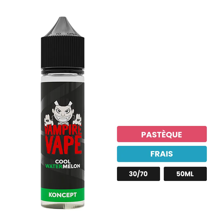 E-liquide Cool Watermelon de Vampire Vape, 50 ml, saveurs pastèque et frais, sans nicotine — prêt à booster de nicotine.