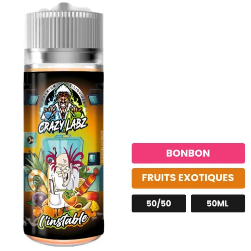 E-liquide L’Instable de Belgi'ohm, 50 ml, saveurs bonbon et fruits exotiques, sans nicotine — prêt à booster de nicotine.