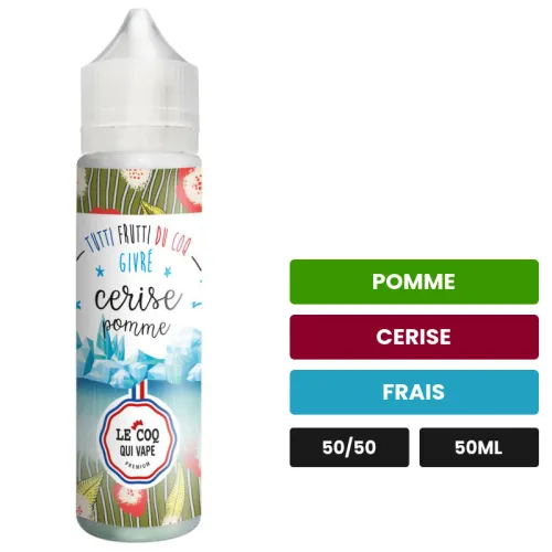 E-liquide Cerise Pomme Ice Givré de Le Coq Qui Vape, 50 ml, saveurs pomme, cerise et frais, sans nicotine — prêt à booster.
