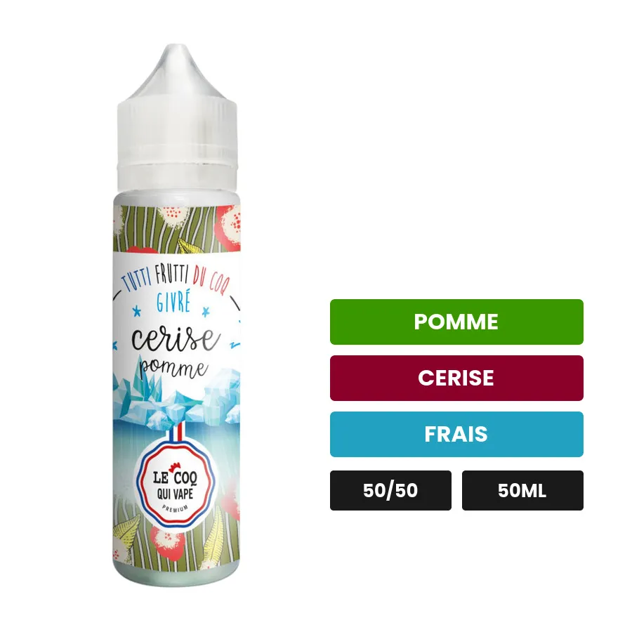 E-liquide Cerise Pomme Ice Givré de Le Coq Qui Vape, 50 ml, saveurs pomme, cerise et frais, sans nicotine — prêt à booster.