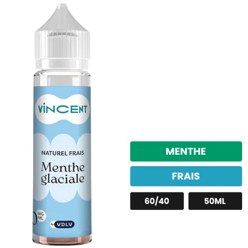 E-liquide Menthe Glaciale Naturel Aromatique de Vincent dans les vapes, 50 ml, saveurs menthe et frais.