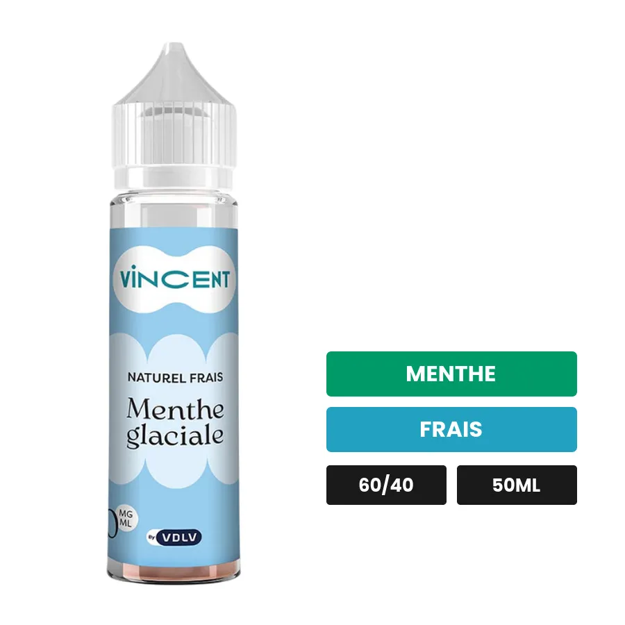 E-liquide Menthe Glaciale Naturel Aromatique de Vincent dans les vapes, 50 ml, saveurs menthe et frais.