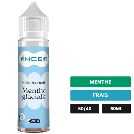 E-liquide Menthe Glaciale Naturel Aromatique de Vincent dans les vapes, 50 ml, saveurs menthe et frais.