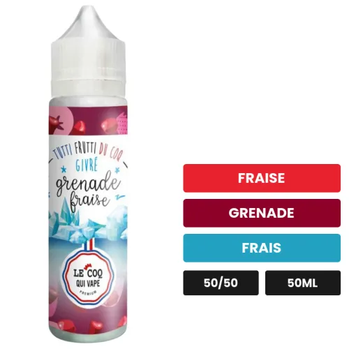 E-liquide Grenade Fraise Givré de Le Coq Qui Vape, 50 ml, saveurs fraise, grenade et frais, sans nicotine — prêt à booster.