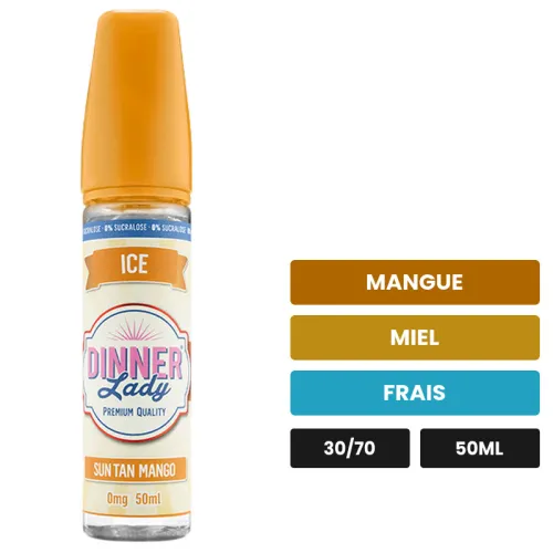 E-liquide Sun Tan Mango de Dinner Lady, 50 ml, saveurs mangue, miel et frais, sans nicotine — prêt à booster de nicotine.