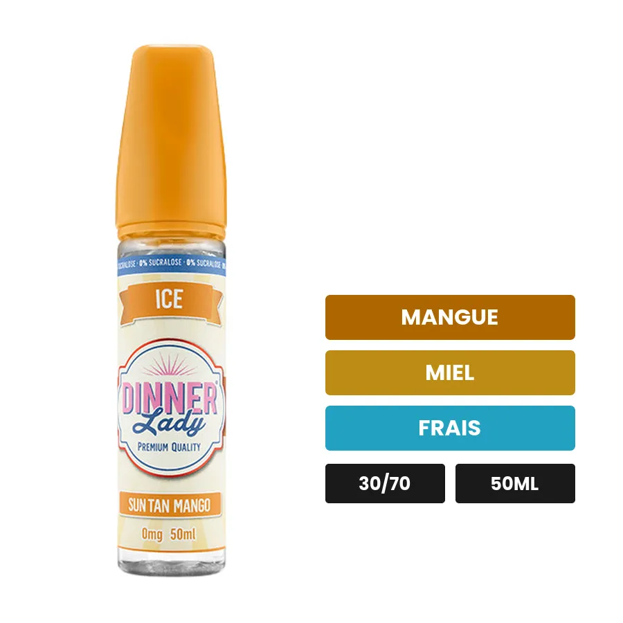 E-liquide Sun Tan Mango de Dinner Lady, 50 ml, saveurs mangue, miel et frais, sans nicotine — prêt à booster de nicotine.