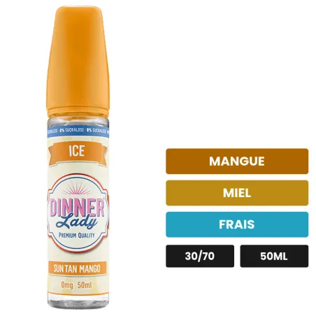 E-liquide Sun Tan Mango de Dinner Lady, 50 ml, saveurs mangue, miel et frais, sans nicotine — prêt à booster de nicotine.