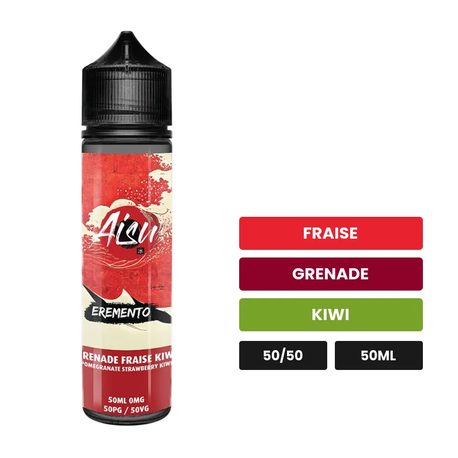 E-liquide Grenade Fraise Kiwi d'Aisu, 50 ml, saveurs fraise, grenade et kiwi, sans nicotine — prêt à booster de nicotine.