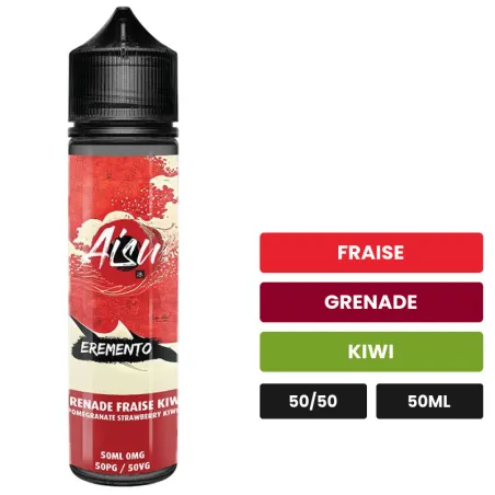 E-liquide Grenade Fraise Kiwi d'Aisu, 50 ml, saveurs fraise, grenade et kiwi, sans nicotine — prêt à booster de nicotine.