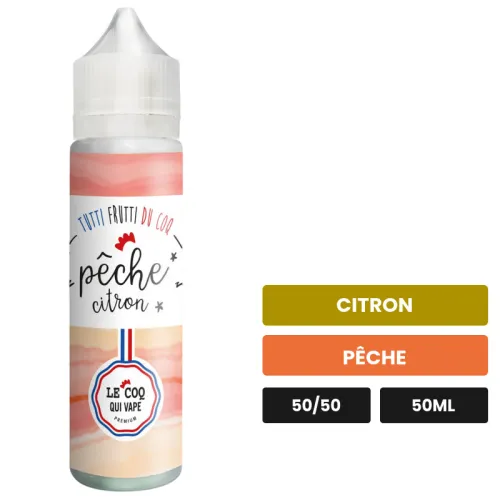 E-liquide Pêche Citron de Le Coq Qui Vape, 50 ml, saveurs citron et pêche, sans nicotine — prêt à booster de nicotine.