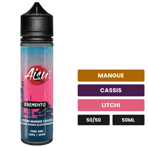 E-liquide Litchi Mangue Cassis d'Aisu, 50 ml, saveurs mangue, cassis et litchi, sans nicotine — prêt à booster de nicotine.