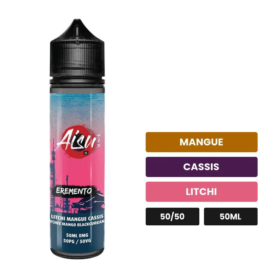 E-liquide Litchi Mangue Cassis d'Aisu, 50 ml, saveurs mangue, cassis et litchi, sans nicotine — prêt à booster de nicotine.