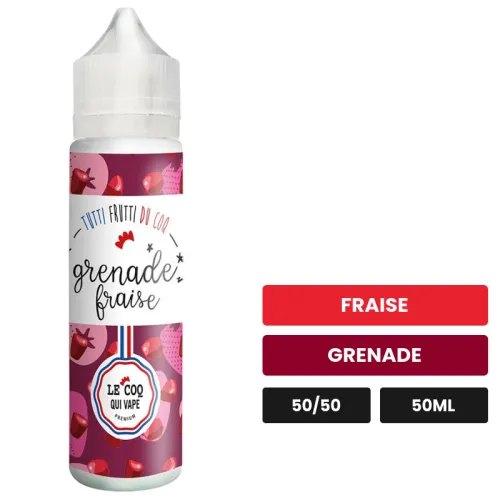 E-liquide Grenade Fraise de Le Coq Qui Vape, 50 ml, saveurs fraise et grenade, sans nicotine — prêt à booster de nicotine.