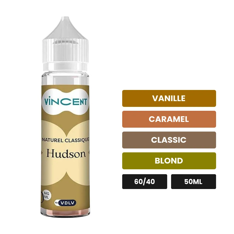 E-liquide Hudson Naturel Aromatique de Vincent dans les vapes, 50 ml, saveurs vanille, caramel, classic et 1 autre.