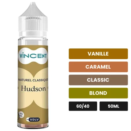 E-liquide Hudson Naturel Aromatique de Vincent dans les vapes, 50 ml, saveurs vanille, caramel, classic et 1 autre.