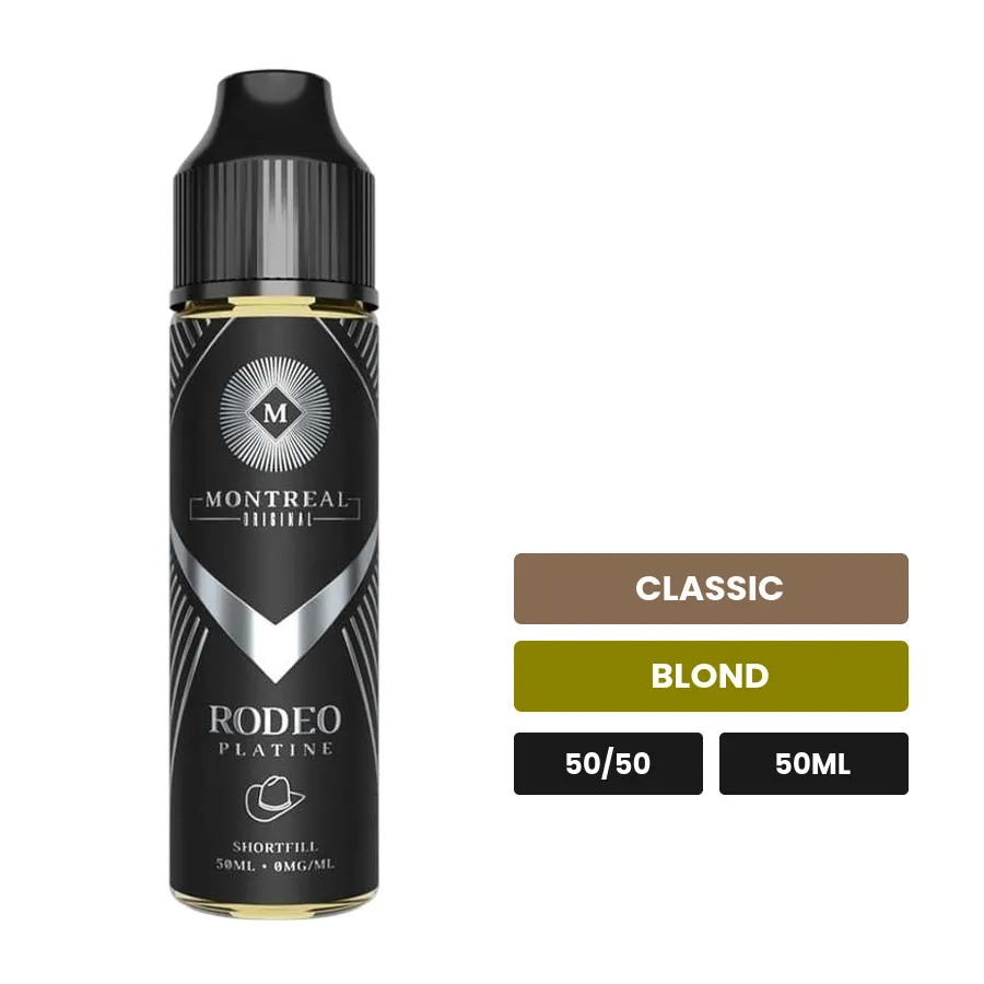 E-liquide Rodeo Platine de Montreal Original, 50 ml, saveurs classic et blond, sans nicotine — prêt à booster de nicotine.