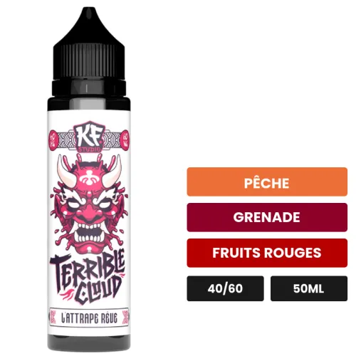 E-liquide L'Attrape Reve de Cloud Vapor, 50 ml, saveurs pêche, grenade et fruits rouges.