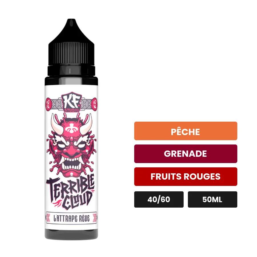 E-liquide L'Attrape Reve de Cloud Vapor, 50 ml, saveurs pêche, grenade et fruits rouges.