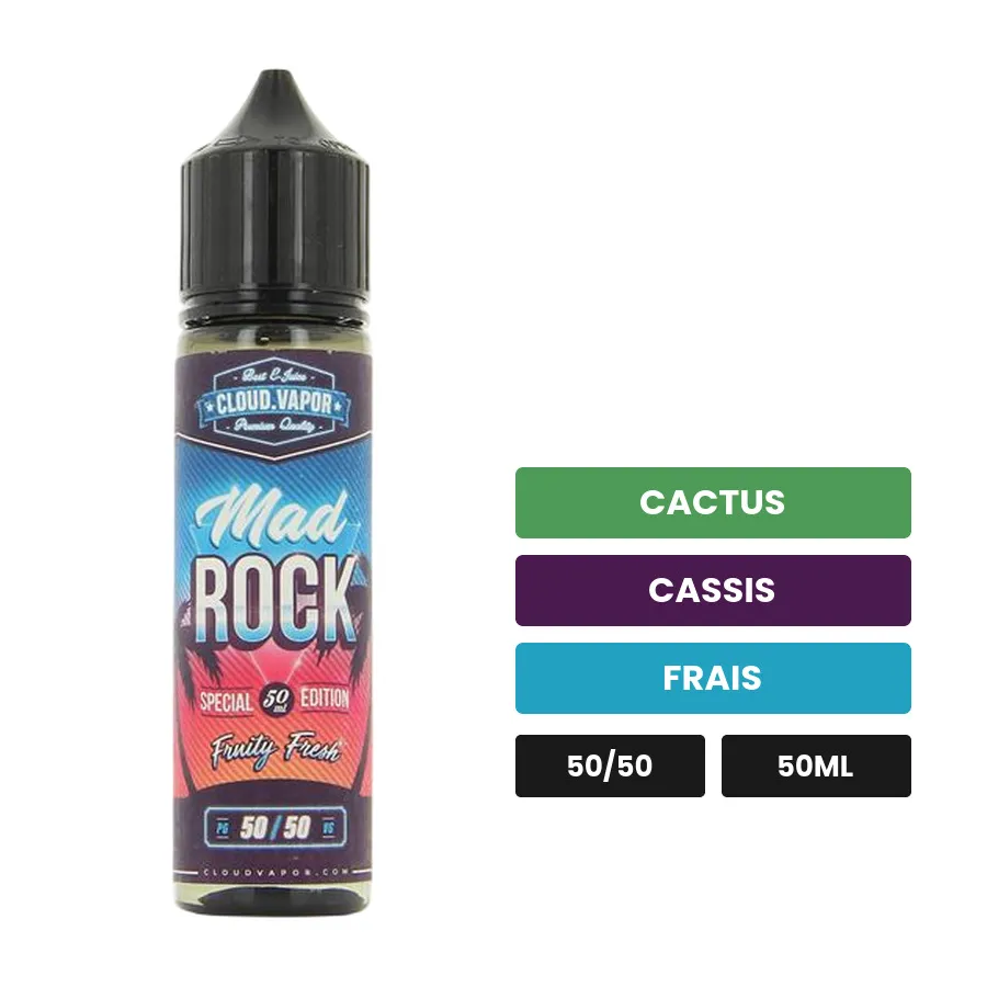 E-liquide Mad Rock Édition Spéciale de Cloud Vapor, 50 ml, saveurs cactus, cassis et frais.