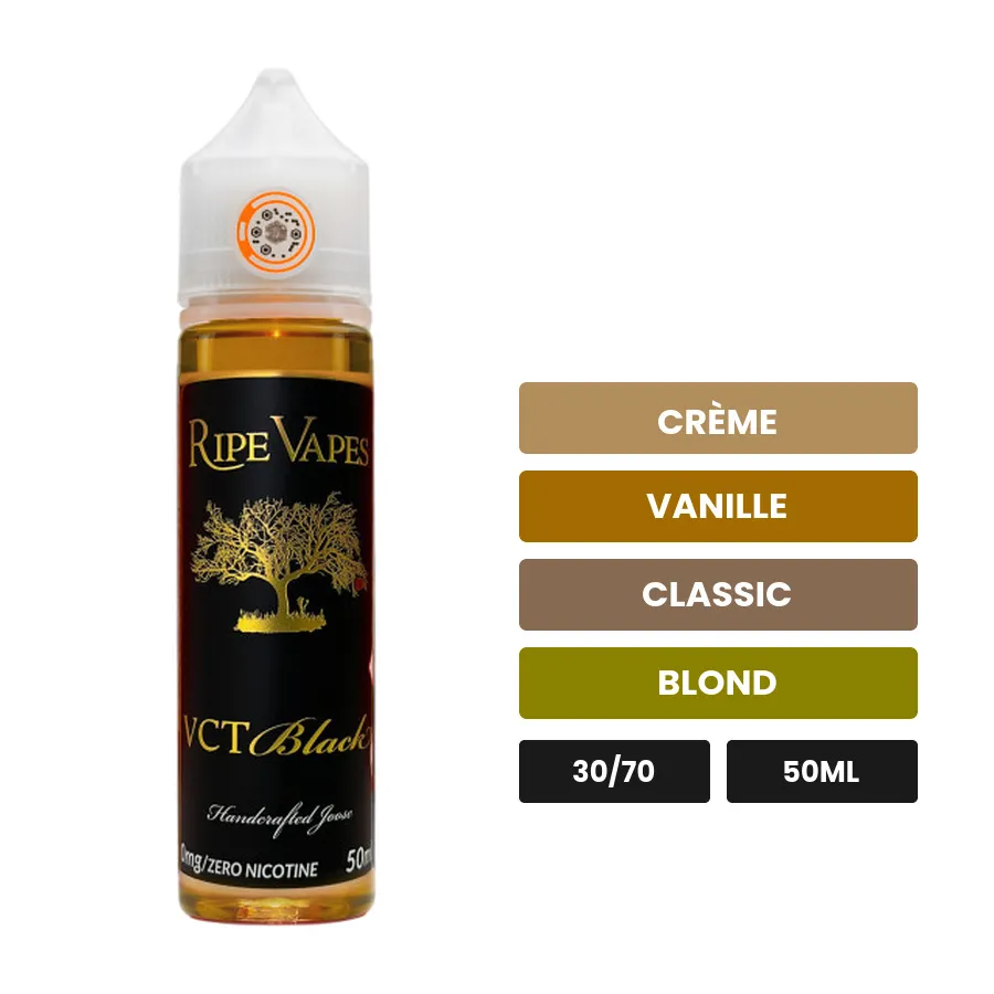 E-liquide VCT Black de Ripe Vapes, 50 ml, saveurs crème, vanille, classic et 1 autre.