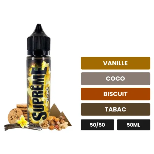 E-liquide Supreme d'Eliquid France, 50 ml, saveurs vanille, coco, biscuit et 2 autres, sans nicotine — prêt à booster de.