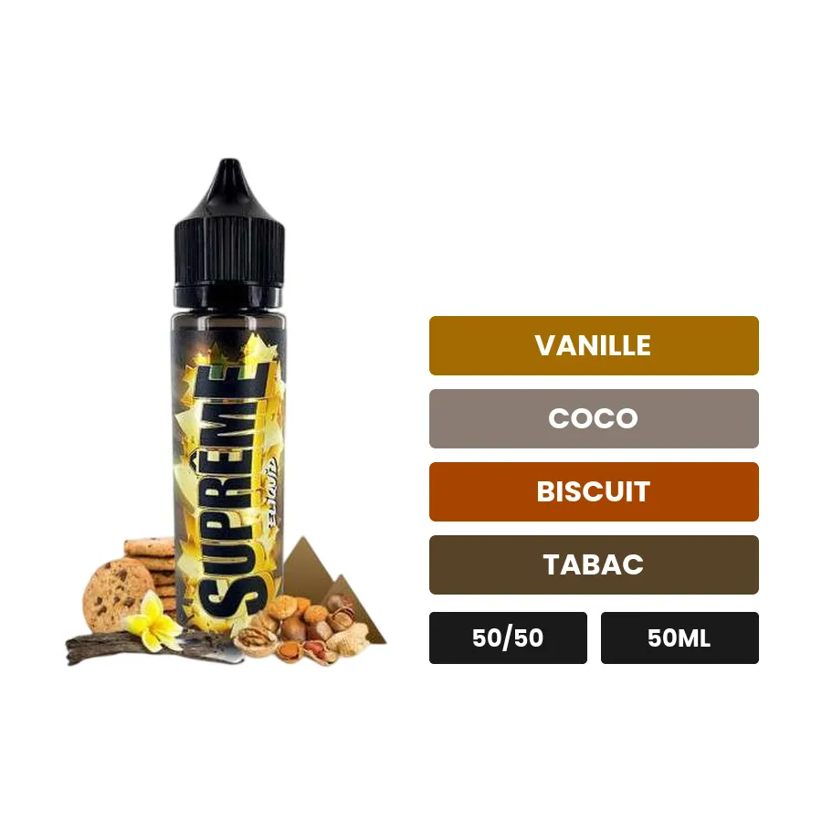 E-liquide Supreme d'Eliquid France, 50 ml, saveurs vanille, coco, biscuit et 2 autres, sans nicotine — prêt à booster de.