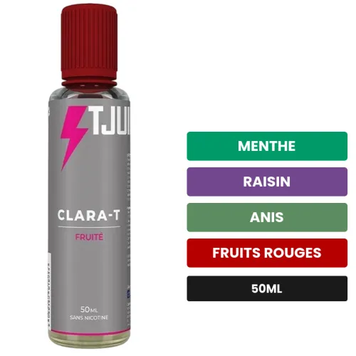 E-liquide Clara-T de T-Juice, 50 ml, saveurs menthe, raisin, anis et 2 autres, sans nicotine — prêt à booster de nicotine.