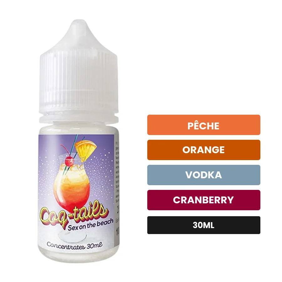 Arome concentre Sex on The Beach de Le Coq Qui Vape, 30 ml, saveurs pêche, orange, vodka et 4 autres, sans nicotine — arôme.