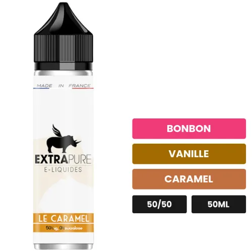 E-liquide Le Caramel d'Extrapure, 50 ml, saveurs bonbon, vanille et caramel.