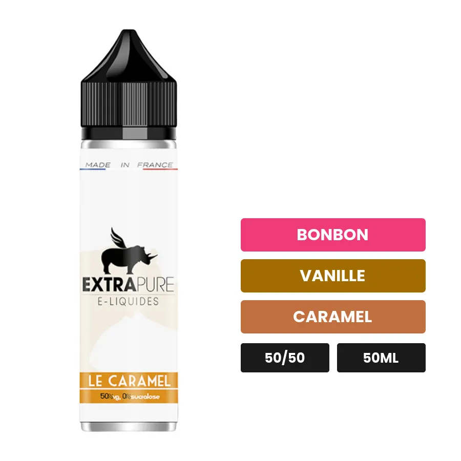 E-liquide Le Caramel d'Extrapure, 50 ml, saveurs bonbon, vanille et caramel.